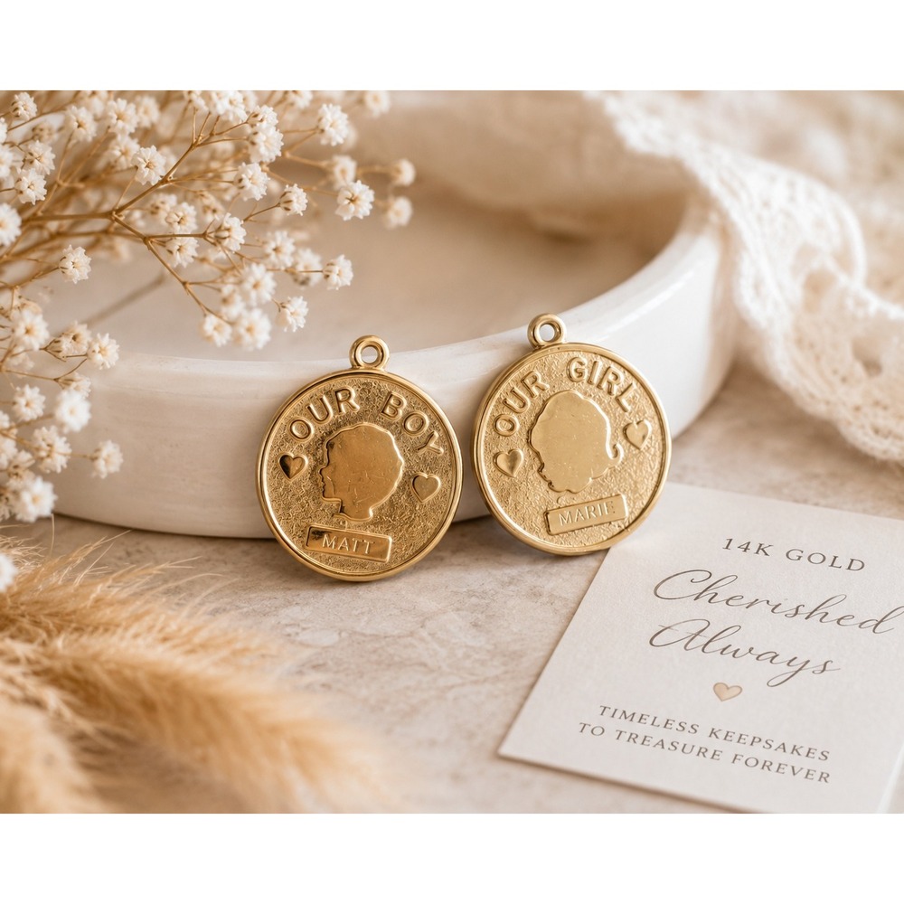 Vintage RQC 14K Yellow Gold Our Boy Our Girl Silhouette Charms Set Family Mom